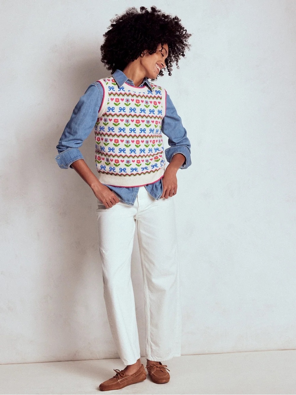 Boden Edie Fair Isle Tank Vest Oatmeal Melange, Flowers - Picture 2 of 9